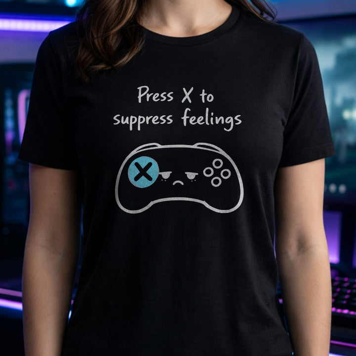 Translation missing: en.Black gamer shirt graphic showing a sad video game controller with text reading Press X to suppress feelings. 