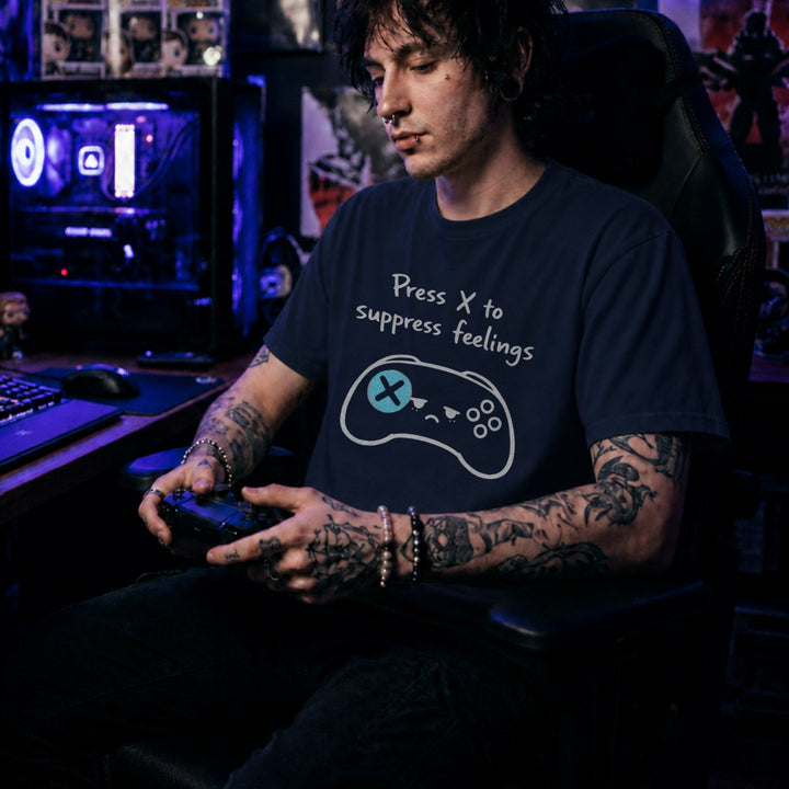 Translation missing: en.Navy gamer shirt graphic showing a sad video game controller with text reading Press X to suppress feelings. 
