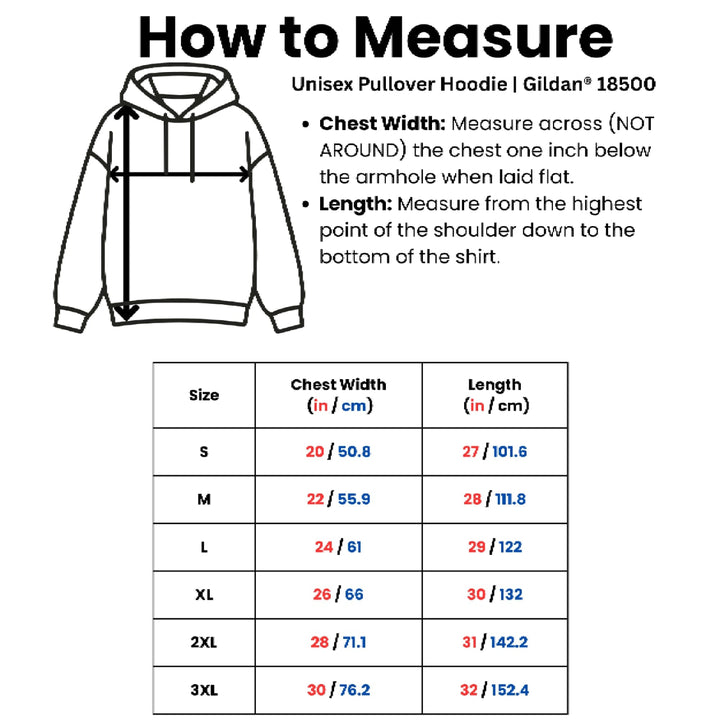 Translation missing: en.Unisex gilden18550 pullover hoodie size chart