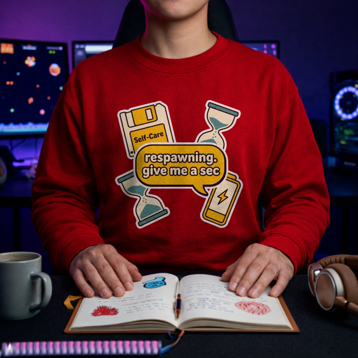 Translation missing: en.Red Crewneck Sweatshirt Self Care Floppy Disk Graphic With Text Respawning Give Me A Sec