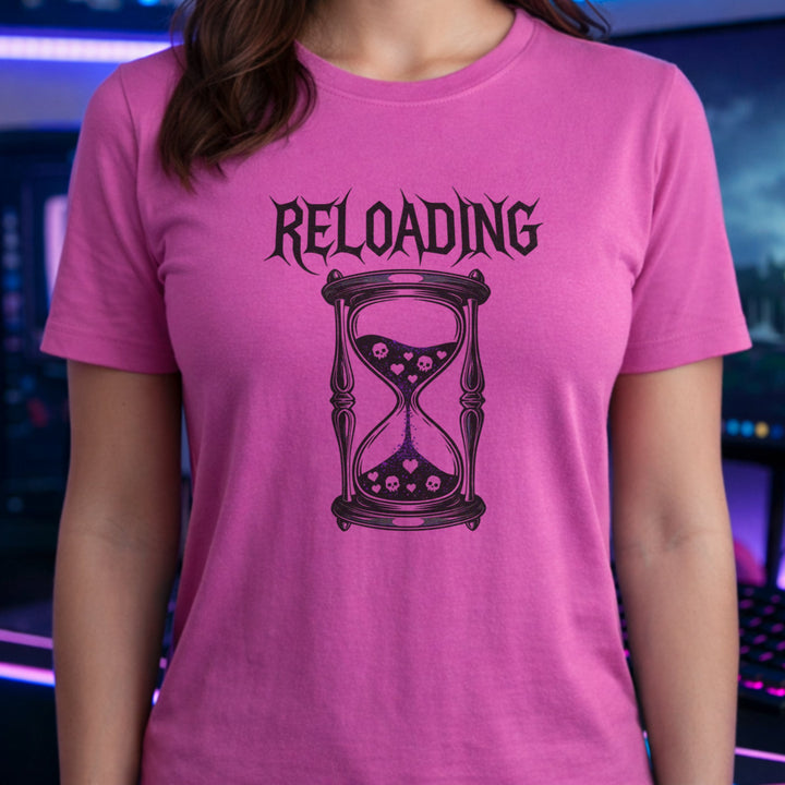 Translation missing: en.Azalea gamer shirt graphic with text RELOADING and hourglass filled with purple glitter sand hearts and skulls