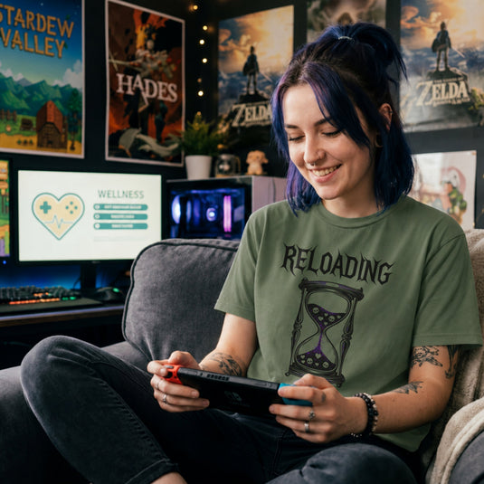 Translation missing: en.Military green gamer shirt graphic with text RELOADING and hourglass filled with purple glitter sand hearts and skulls