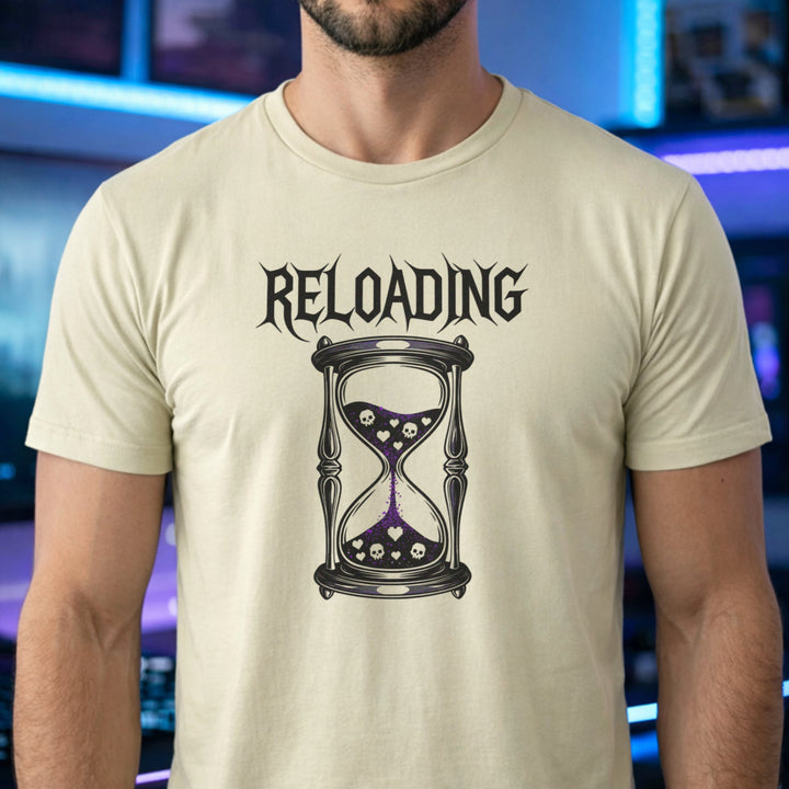 Translation missing: en.Sand gamer shirt graphic with text RELOADING and hourglass filled with purple glitter sand hearts and skulls