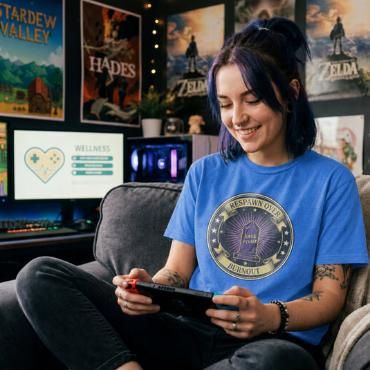 Translation missing: en.Heather royal gaming shirt emblem with purple SAVE POINT crystal reading RESPAWN OVER BURNOUT. 