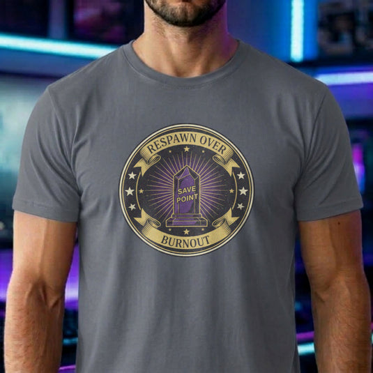 Translation missing: en.Graphite Heather gaming shirt emblem with purple SAVE POINT crystal reading RESPAWN OVER BURNOUT. 