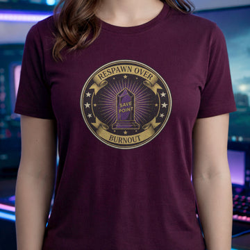 Translation missing: en.Maroon gaming shirt emblem with purple SAVE POINT crystal reading RESPAWN OVER BURNOUT. 