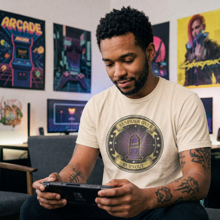 Translation missing: en.Natural gaming shirt emblem with purple SAVE POINT crystal reading RESPAWN OVER BURNOUT. 