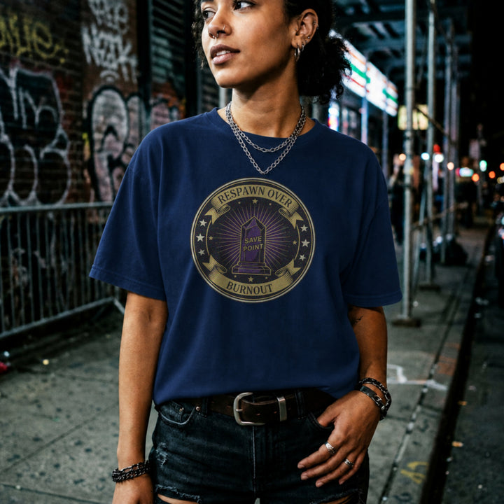 Translation missing: en.Navy gaming shirt emblem with purple SAVE POINT crystal reading RESPAWN OVER BURNOUT. 
