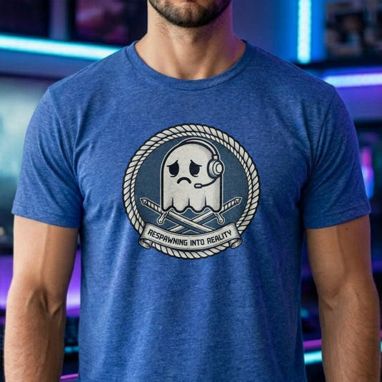 Translation missing: en.Heather royal t-shirt badge with a sad arcade ghost wearing a headset, crossed swords and Respawning Into Reality text