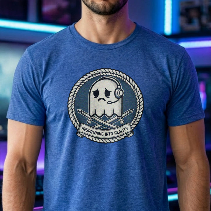 Translation missing: en.Heather royal t-shirt badge with a sad arcade ghost wearing a headset, crossed swords and Respawning Into Reality text