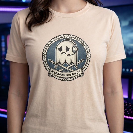 Translation missing: en.Alt n Vibe natural t-shirt badge with a sad arcade ghost wearing a headset, crossed swords and Respawning Into Reality text
