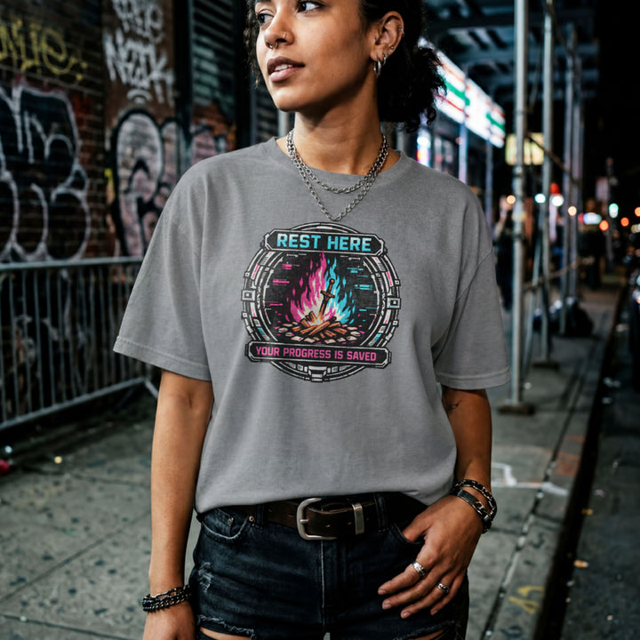 Translation missing: en.Graphite heather shirt with a pink and teal cyber bonfire emblem reading Rest Here, Your Progress Is Saved