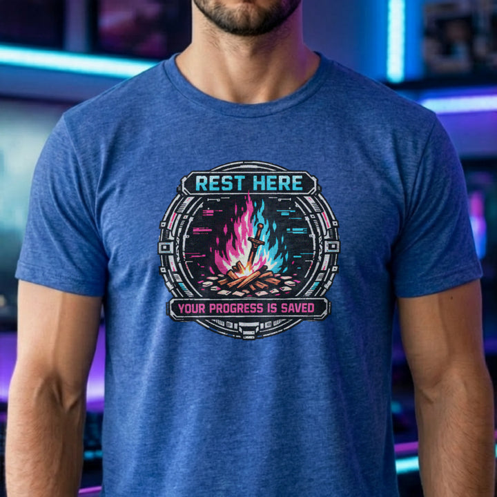 Translation missing: en.Heather royal shirt with a pink and teal cyber bonfire emblem reading Rest Here, Your Progress Is Saved