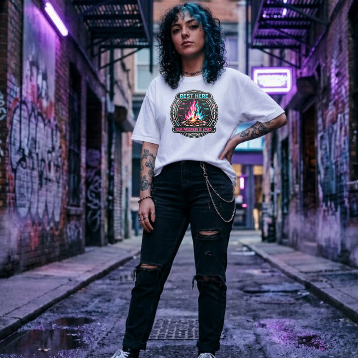 Translation missing: en.White shirt with a pink and teal cyber bonfire emblem reading Rest Here, Your Progress Is Saved