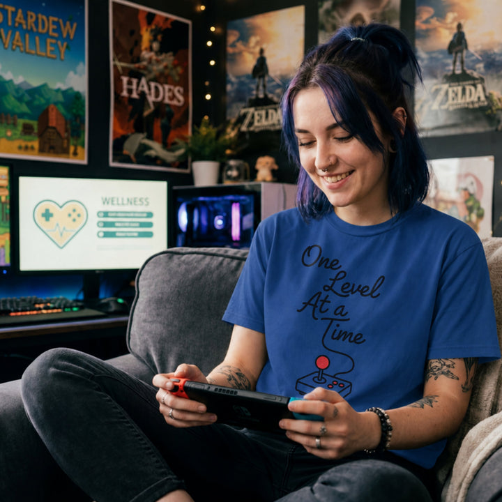 Translation missing: en.Royal Cotton tee with retro arcade joystick graphic and text "One Level At A Time"
