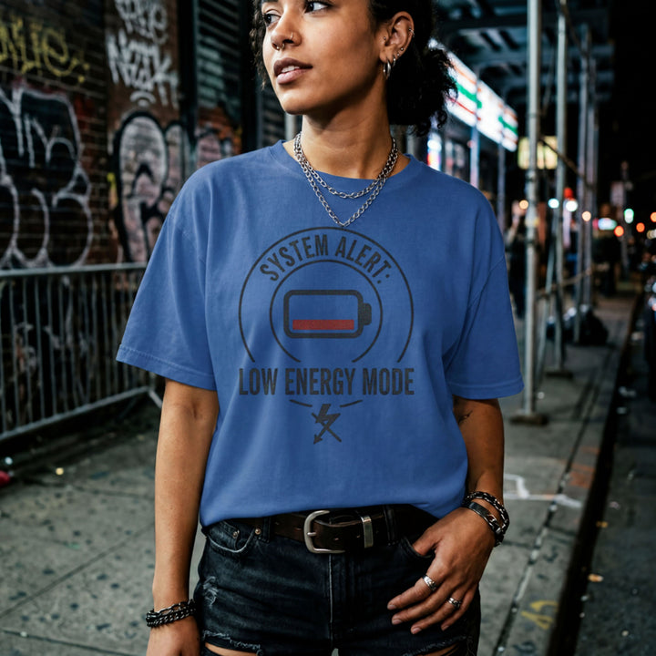 Translation missing: en.Royal cotton t-shirt with a graphic low Heather royal battery icon design and text 'SYSTEM ALERT: LOW ENERGY MODE' 