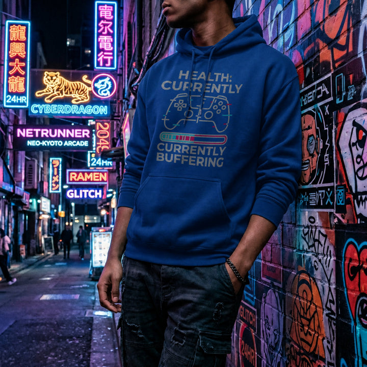 Translation missing: en.Royal Glitch Controller Gamer Graphic Pullover Hoodie Text, Reading Health Currently Buffering