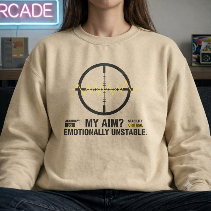 Translation missing: en.Sand Crewneck Sweatshirt Sight Glass Target And ECG Line Graphic Text, My Aim Emotionally Unstable