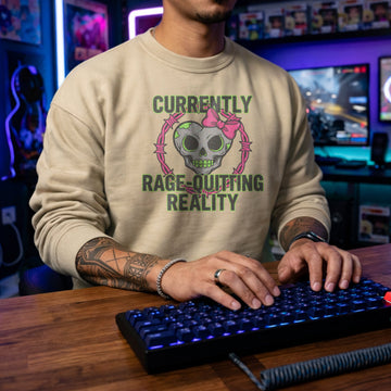 Translation missing: en.Sand Crewneck Sweatshirt With Skull Graphic Reading, Currently Rage Quitting Reality