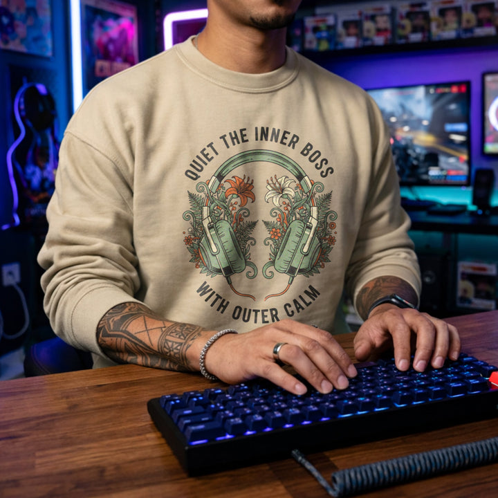 Translation missing: en.Sand sweatshirt with a Floral Zen graphic design and text "Quiet The Inner Boss With Outer Calm
