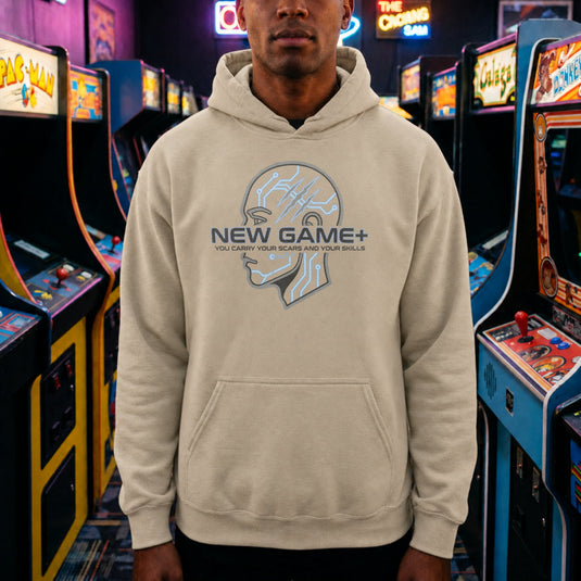 Translation missing: en.Sand Pullover Hoodie Cybernetic Sci-Fi Gamer Graphic With Text, New Game Plus 