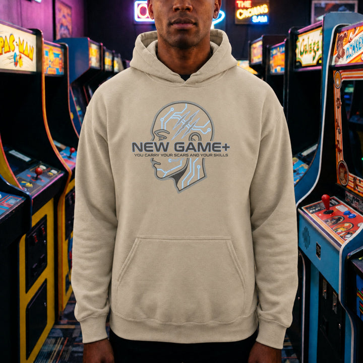 Translation missing: en.Sand Pullover Hoodie Cybernetic Sci-Fi Gamer Graphic With Text, New Game Plus 