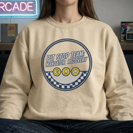 Translation missing: en.Sand Crewneck Sweatshirt Racing Gamer Dashboard Badge With Text, Pit Stop Team Mandator Recovery 