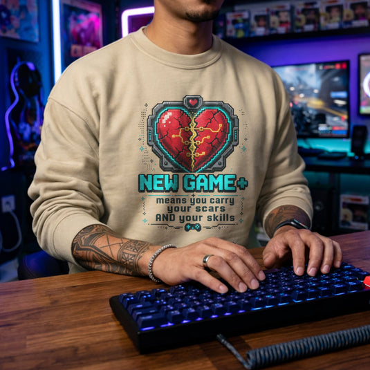 Translation missing: en.Sand Crewneck Sweatshirt Pixel Heart Graphic Text Reading, New Game Plus means you carry your scars