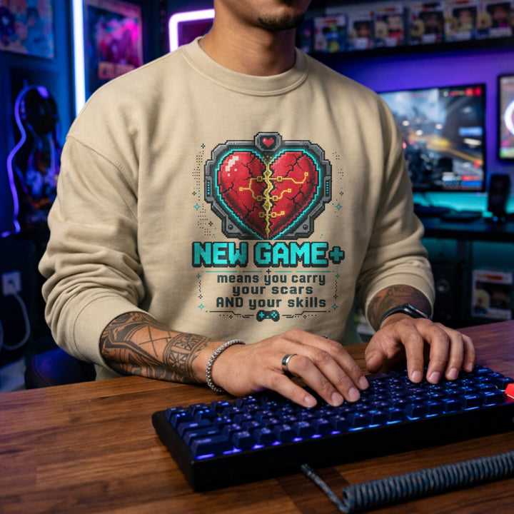 Translation missing: en.Sand Crewneck Sweatshirt Pixel Heart Graphic Text Reading, New Game Plus means you carry your scars