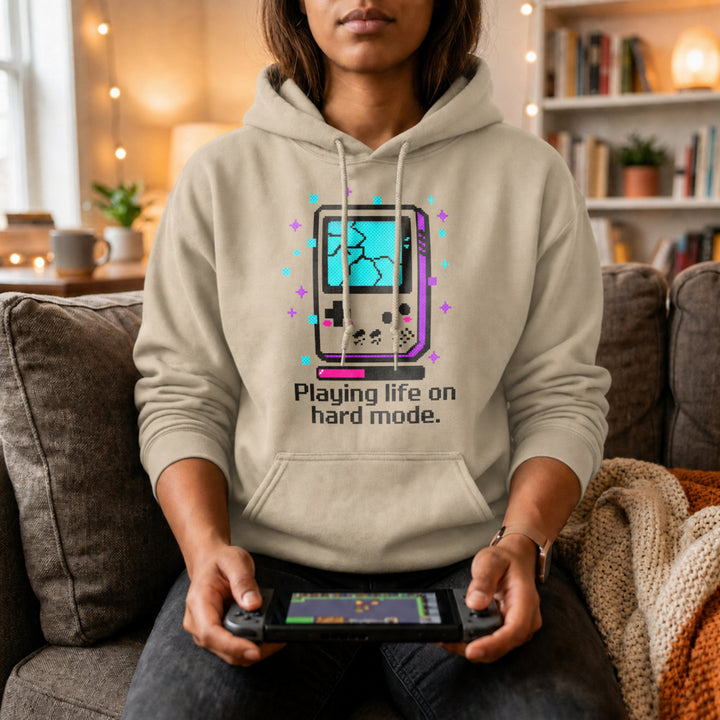Translation missing: en.Sand Pullover Hoodie Retro Glitch Handheld Gamer Graphic With Text, Playing Life on Hard Mode