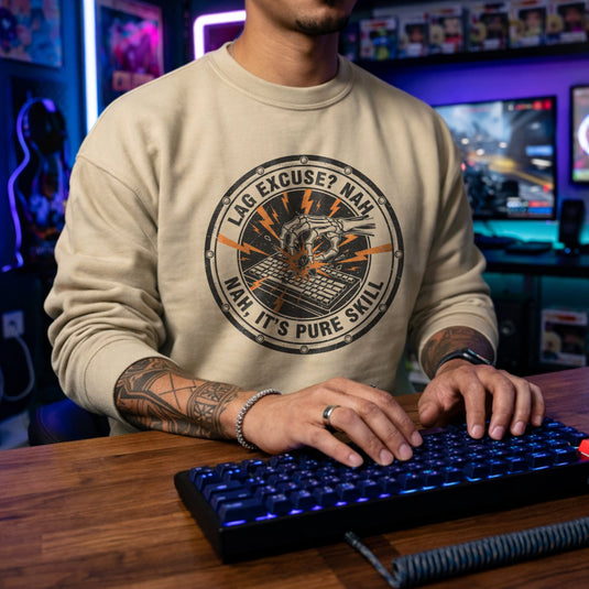 Translation missing: en.Sand Sweatshirt With Gaming Skate Emblem reading LAG EXCUSE NAH ITS PURE SKILL