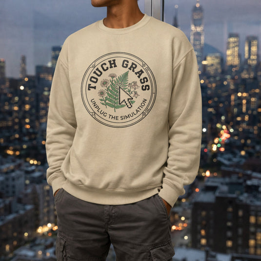 Translation missing: en.Sand Crewneck Sweatshirt Forest Green With Nature Badge Design Text Reading, Touch Grass Unplug The Simulation