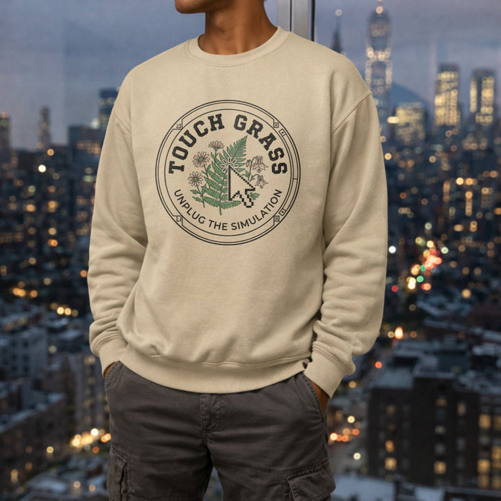 Translation missing: en.Sand Crewneck Sweatshirt Forest Green With Nature Badge Design Text Reading, Touch Grass Unplug The Simulation