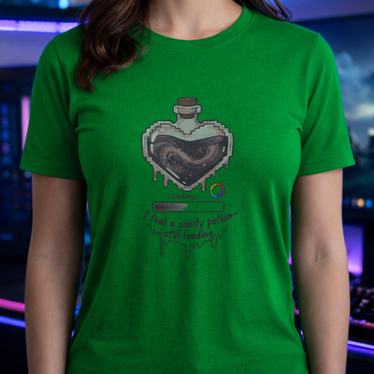 Translation missing: en.Irish green gamer shirt graphic with a heart potion bottle, loading bar, and text I took a sanity potion still loading