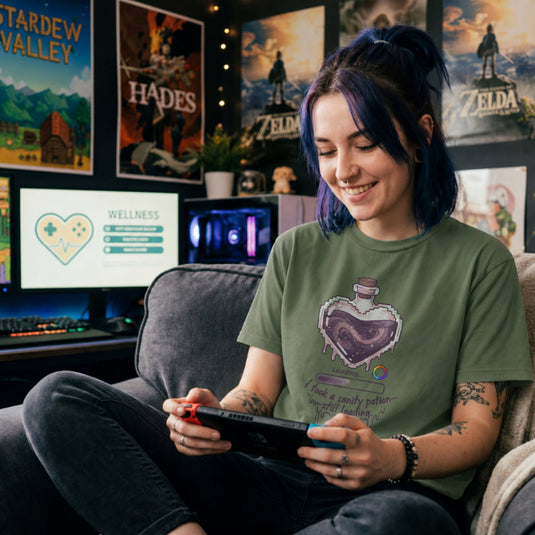 Translation missing: en.Alt n Vibe military green gamer shirt graphic with a heart potion bottle, loading bar, and text I took a sanity potion still loading