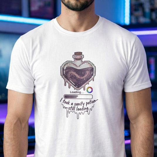 Translation missing: en.White gamer shirt graphic with a heart potion bottle, loading bar, and text I took a sanity potion still loading