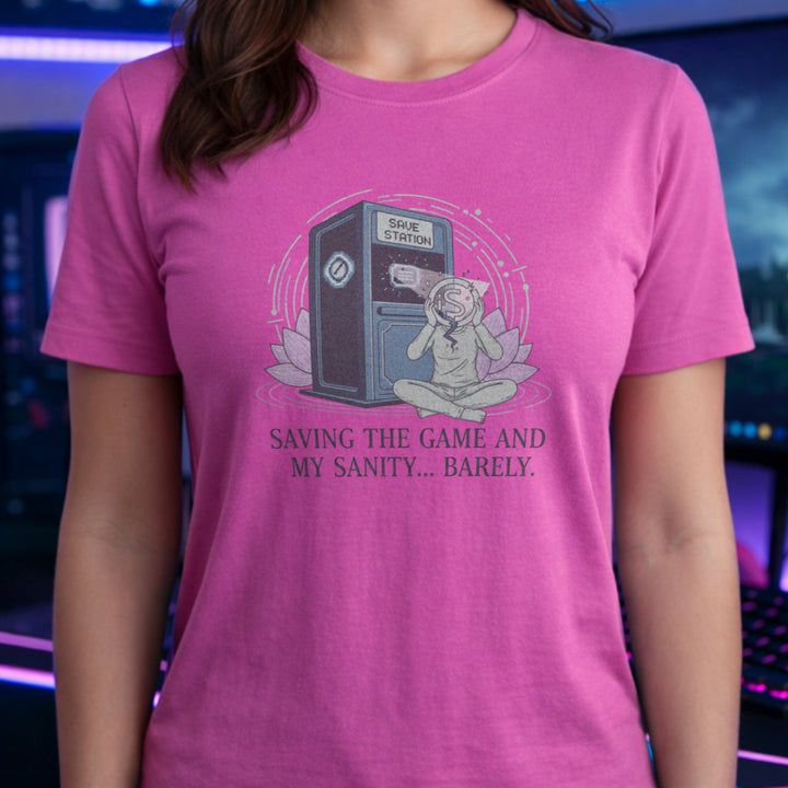 Translation missing: en.Azalea tee with a meditating figure holding a cracked head by a Save Station. Text: Saving the game and my sanity