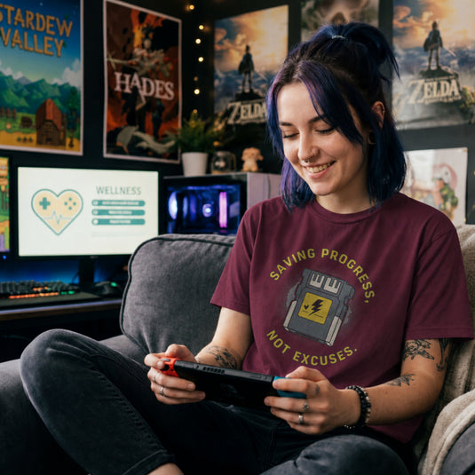 Translation missing: en.Maroon t-shirt with yellow text reading Saving Progress, Not Excuses around a retro console memory card icon