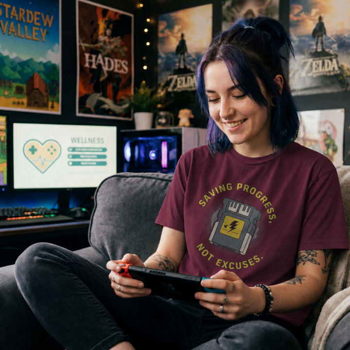Translation missing: en.Maroon t-shirt with yellow text reading Saving Progress, Not Excuses around a retro console memory card icon
