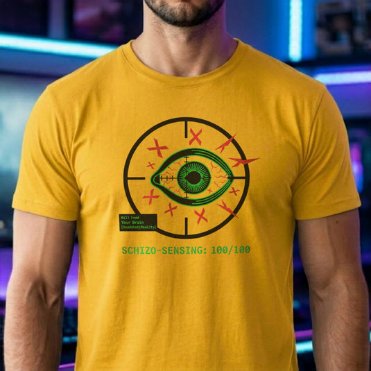 Translation missing: en.Green eye in a crosshair target with red Xs, a green kill feed text box, and Schizo Sensing on a daisy tee shirt