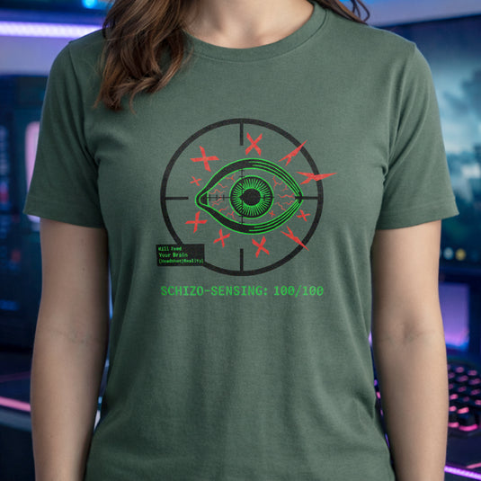 Translation missing: en.Green eye in a crosshair target with red Xs, a green kill feed text box, and Schizo Sensing on a military green tee shirt