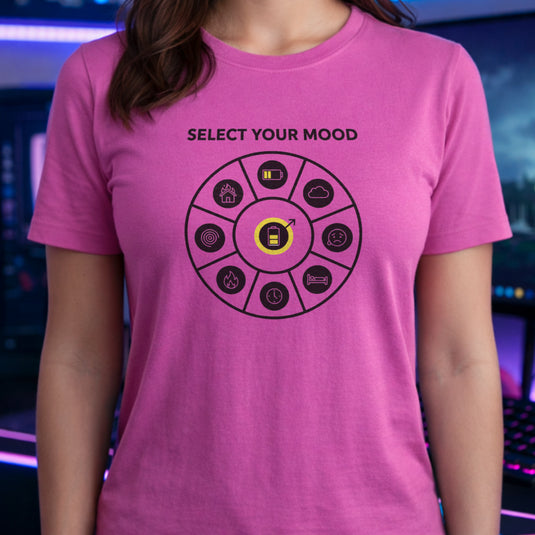 Translation missing: en.Azalea shirt with a circular mood select wheel graphic featuring gaming status icons like low battery and fire