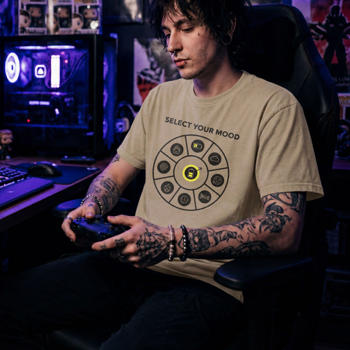 Translation missing: en.Sand shirt with a circular mood select wheel graphic featuring gaming status icons like low battery and fire