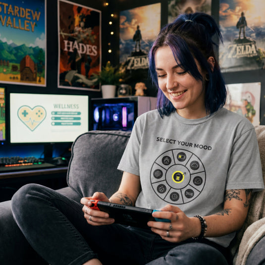 Translation missing: en.Alt n Vibe sports grey shirt with a circular mood select wheel graphic featuring gaming status icons like low battery and fire