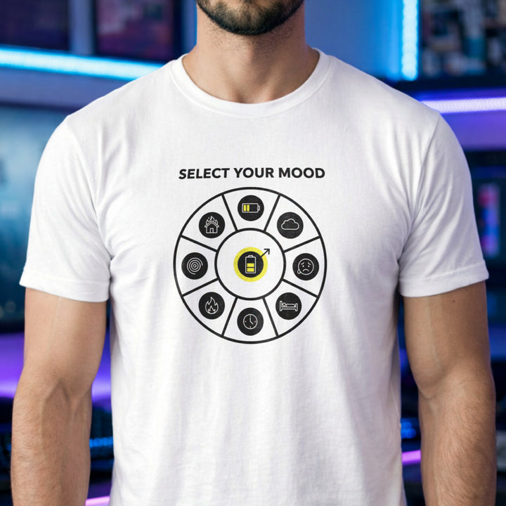 Translation missing: en.White shirt with a circular mood select wheel graphic featuring gaming status icons like low battery and fire