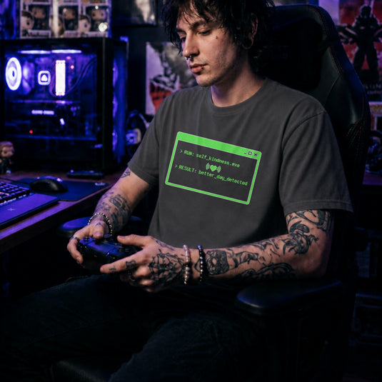 Translation missing: en.Charcoal shirt with green command prompt window reading RUN self_kindness.exe RESULT better day detected