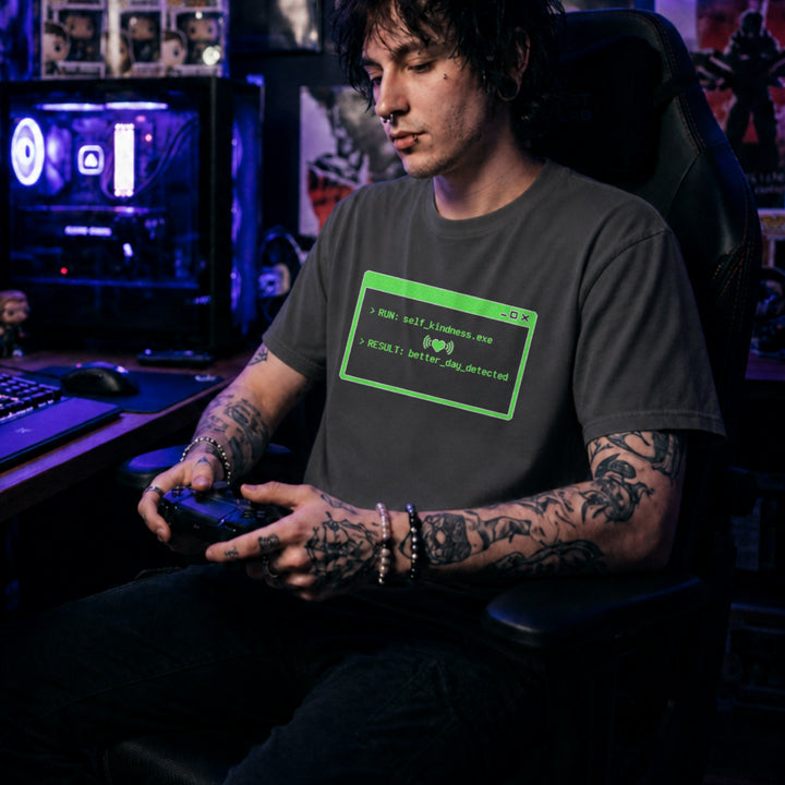 Translation missing: en.Charcoal shirt with green command prompt window reading RUN self_kindness.exe RESULT better day detected
