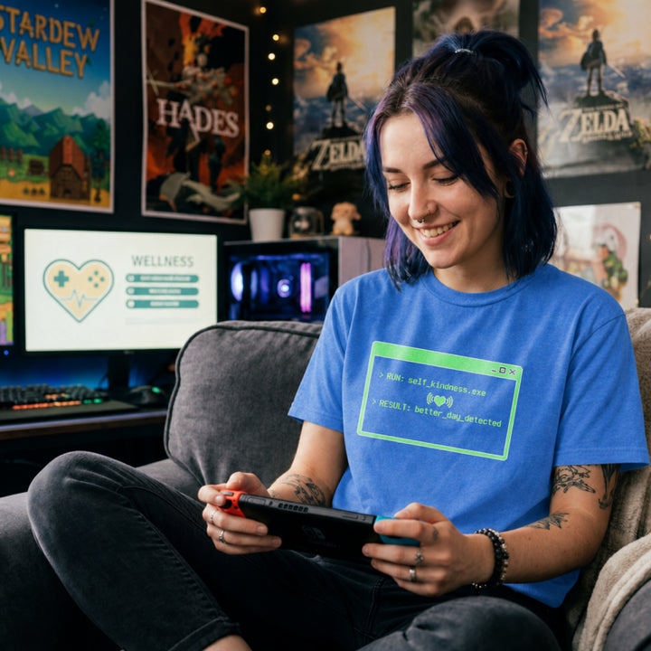 Translation missing: en.Heather royal shirt with green command prompt window reading RUN self_kindness.exe RESULT better day detected