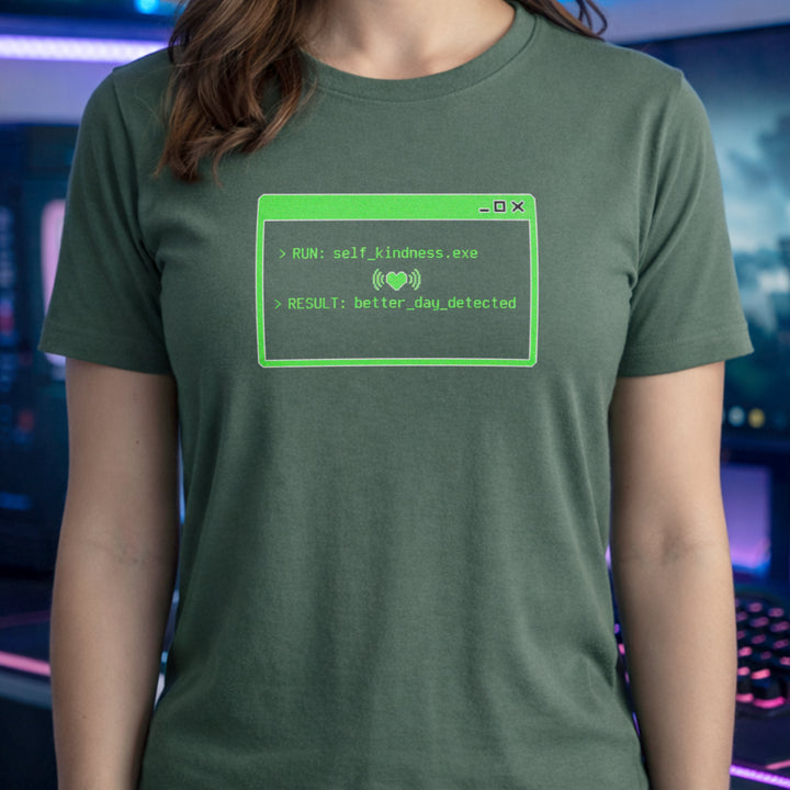 Translation missing: en.Military Green shirt with green command prompt window reading RUN self_kindness.exe RESULT better day detected