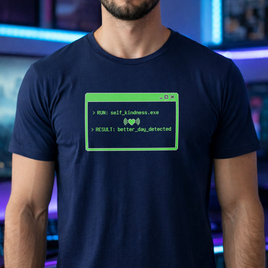 Translation missing: en.Navy shirt with green command prompt window reading RUN self_kindness.exe RESULT better day detected
